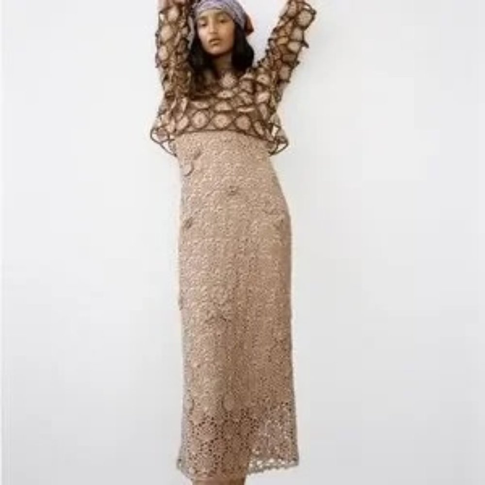 🔥 👗Zara Crochet Floral Dress Midi Length Summery Beachy Boho Style Knit Dress